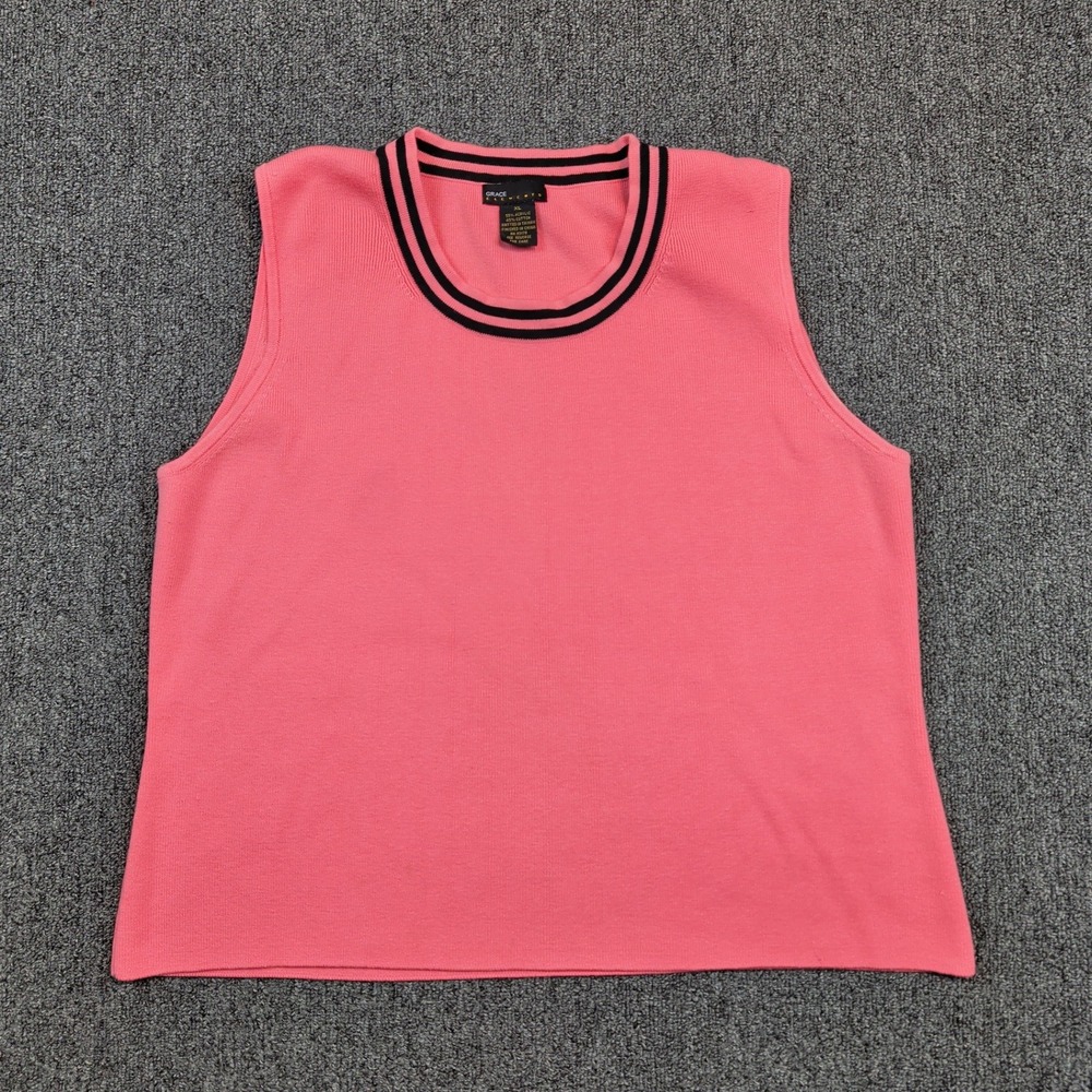 Grace Elements Y2K Preppy Knit Tank Top XL Pink Striped Trim Sleeveless Sweater